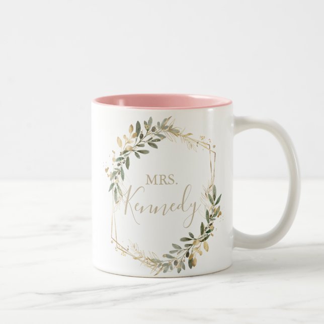 Geometric Gold Greenery Fall Mrs Newlywed Bride   Two-Tone Coffee Mug (Right)