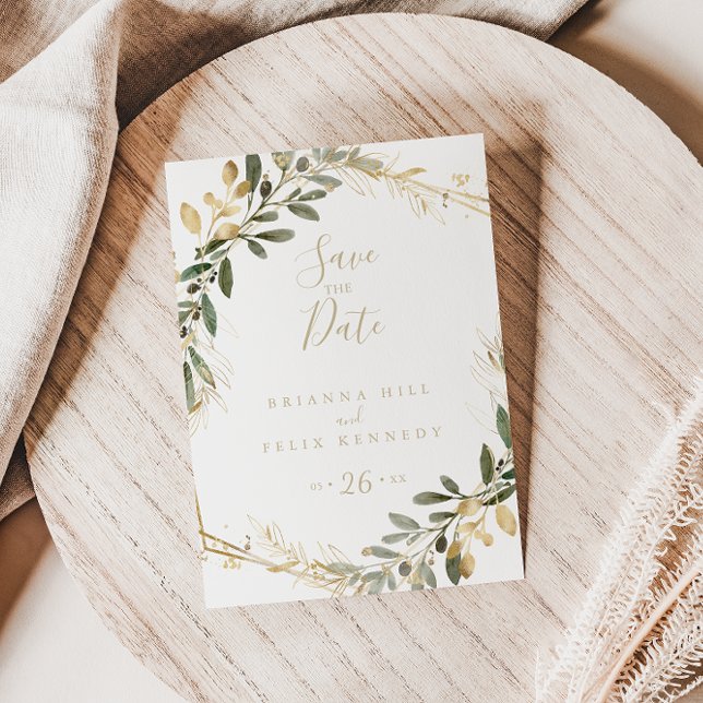 Geometric Gold Greenery Fall Save the Date Postcard (Creator Uploaded)