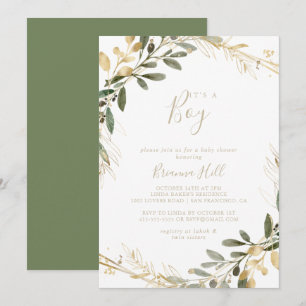 Geometric Gold Greenery It's A Boy Baby Shower Invitation
