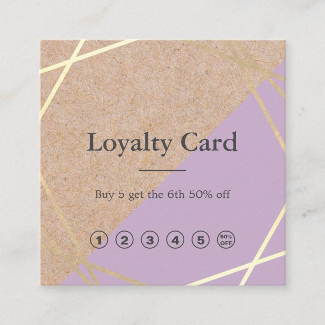Geometric Gold Kraft Printed Lavender Loyalty Square Business Card (Front)