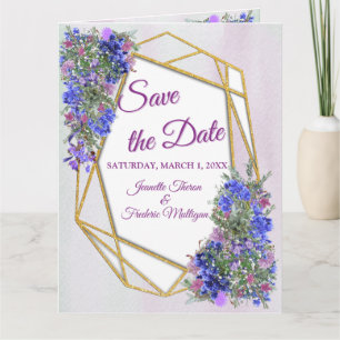 Geometric Gold & Lavender Flowers Save the Date Card