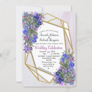 Geometric Gold & Lavender Flowers Wedding Invitation