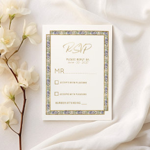 Geometric gold lavender pink floral Wedding RSVP Invitation