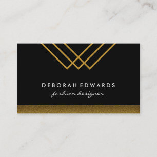 Geometric Gold Lines with Black and Gold Trim Business Card