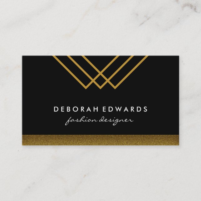Geometric Gold Lines with Black and Gold Trim Business Card (Front)