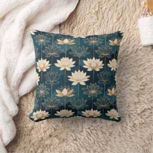 Geometric Gold Lotus on Teal Throw Pillow
