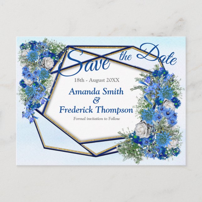 Geometric Gold-Navy & Blue Flowers Save the Dates Announcement Postcard (Front)