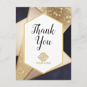 Geometric Gold Navy Blue Thank You Logo Business Postcard