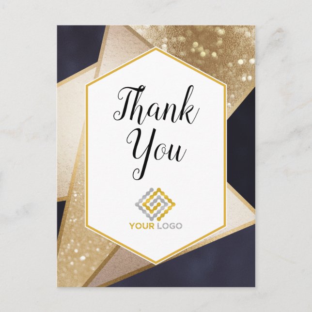 Geometric Gold Navy Blue Thank You Logo Business Postcard (Front)