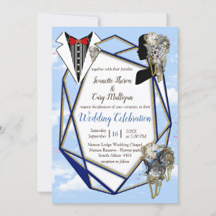 Geometric Gold-Navy Frames & Corn Flowers Invitati Invitation