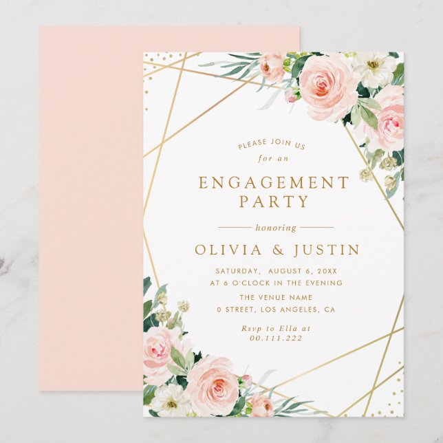 geometric gold pink blush floral engagement party invitation (Front/Back)