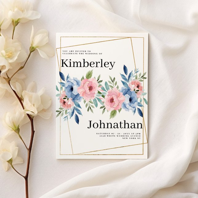 Geometric gold pink navy blue mint flowers Wedding Invitation (Geometric gold pink navy blue mint flowers Wedding)