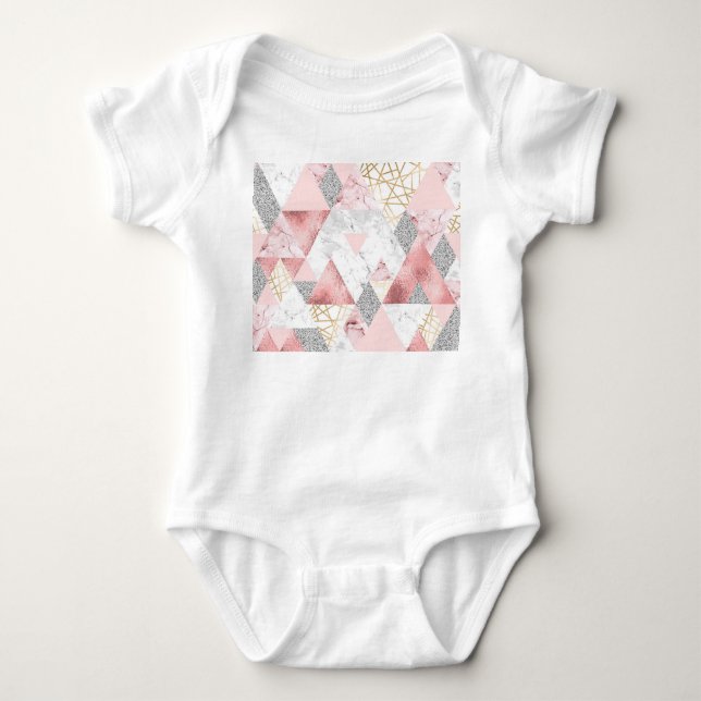 Geometric gold silver triangles, marble pattern. baby bodysuit (Front)