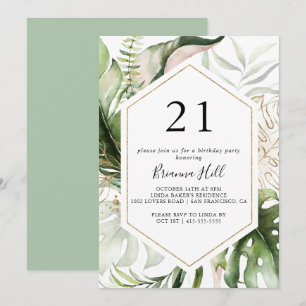 Geometric Gold Tropical Green 21st Birthday Party Invitation
