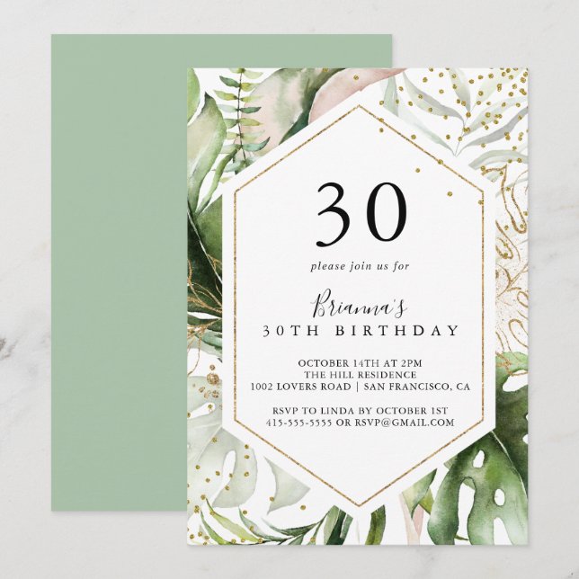 Geometric Gold Tropical Green 30th Birthday Party Invitation (Front/Back)