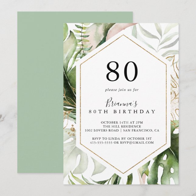 Geometric Gold Tropical Green 80th Birthday Party Invitation (Front/Back)