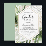 Geometric Gold Tropical Green Gender Reveal Party Invitation<br><div class="desc">This geometric gold tropical green gender reveal party invitation is perfect for a modern baby gender reveal. The design features hand-painted watercolor gold and green palm and banana leaves with pink flowers bunched into bouquets,  adorning a geometric frame.</div>