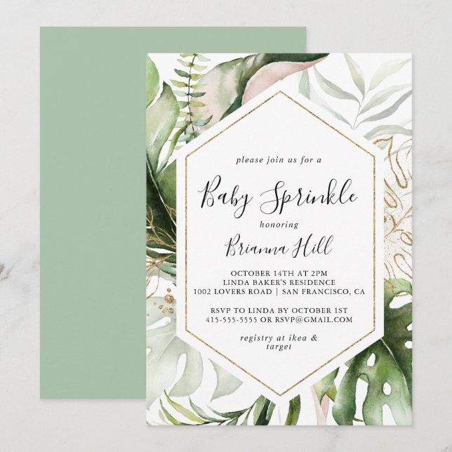 Geometric Gold Tropical Greenery Baby Sprinkle Invitation (Front/Back)