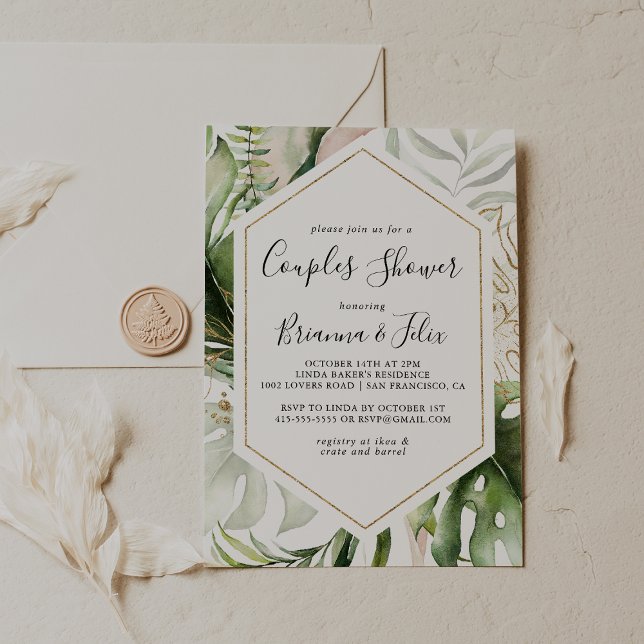 Geometric Gold Tropical Greenery Couples Shower Invitation (Creator Uploaded)