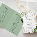 Geometric Gold Tropical Greenery Folded Wedding Program<br><div class="desc">This geometric gold tropical greenery folded wedding program is perfect for a destination wedding. The design features hand-painted watercolor gold and green palm and banana leaves with pink flowers bunched into bouquets, adorning a geometric frame. Include a quote or short message, order of service, wedding party and thank you message....</div>