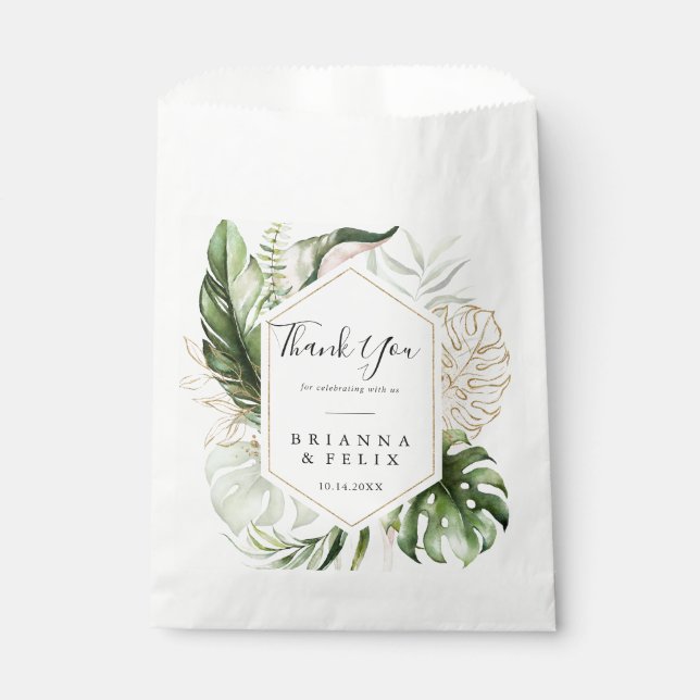 Geometric Gold Tropical Greenery Thank You Wedding Favour Bag (Front)