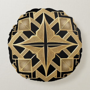 Geometric Golden Art Deco Pattern Round Pillow