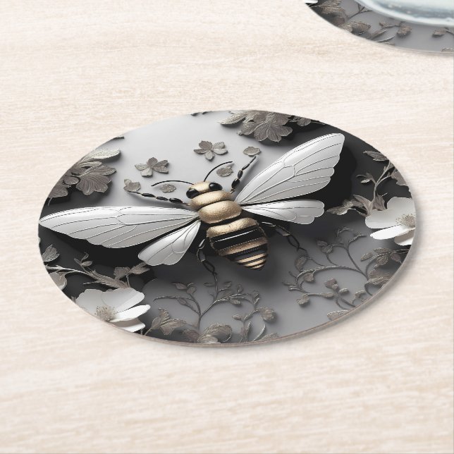 Geometric Golden Honeybee Art Round Paper Coaster (Angled)