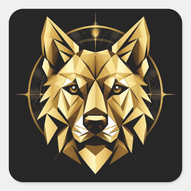 Geometric Golden Wolf Illustration Square Sticker (Front)