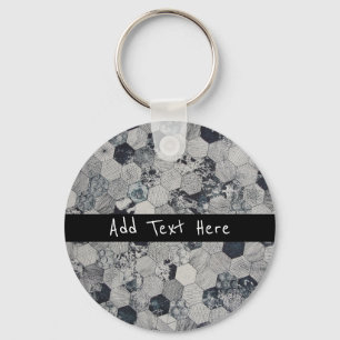 Geometric Gray, White and Black Hexagon Pattern Keychain