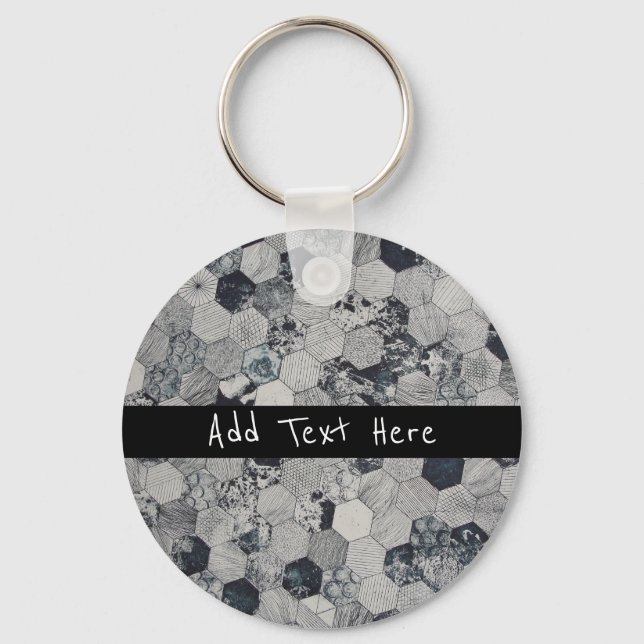 Geometric Gray, White and Black Hexagon Pattern Keychain (Front)