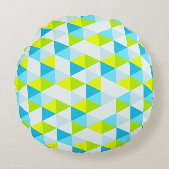 Geometric Green and Blue Triangles Modern Pattern Round Pillow (Front)