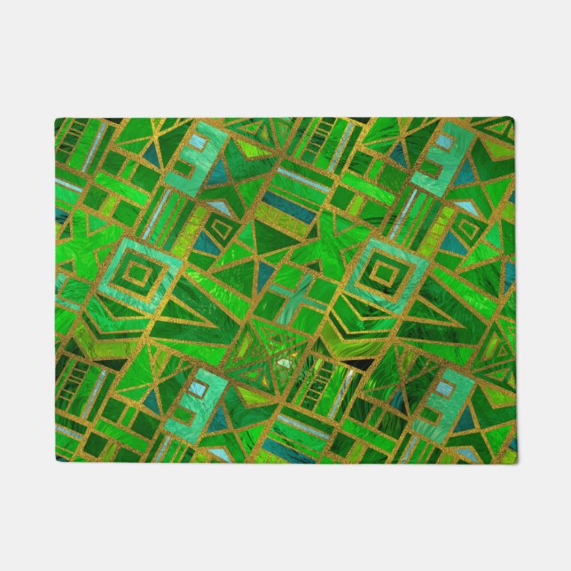 Geometric  Green and Gold African Tribal Pattern Doormat (Front)