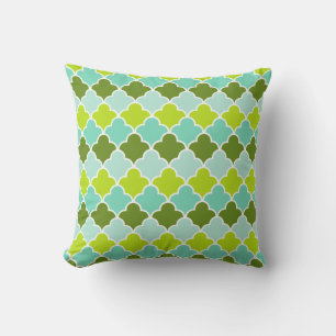 Geometric Green Aqua Turquoise Quatrefoil Pattern Throw Pillow