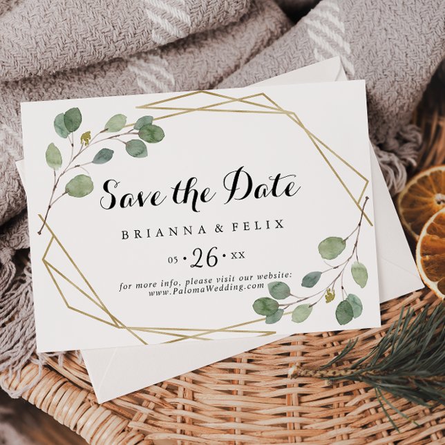 Geometric Greenery Calligraphy Horizontal Wedding Save The Date (Creator Uploaded)