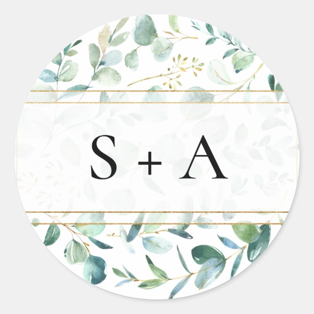 Geometric Greenery Couple Initials Classic Round Sticker (Front)