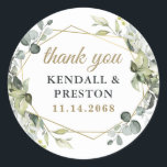Geometric Greenery Elegant Gold Wedding Thank You Classic Round Sticker<br><div class="desc">Design features eucalyptus,  succulents and greenery elements in shades of dusty sage and blue/grey with a printed gold coloured geometric terrarium border wreath frame.</div>