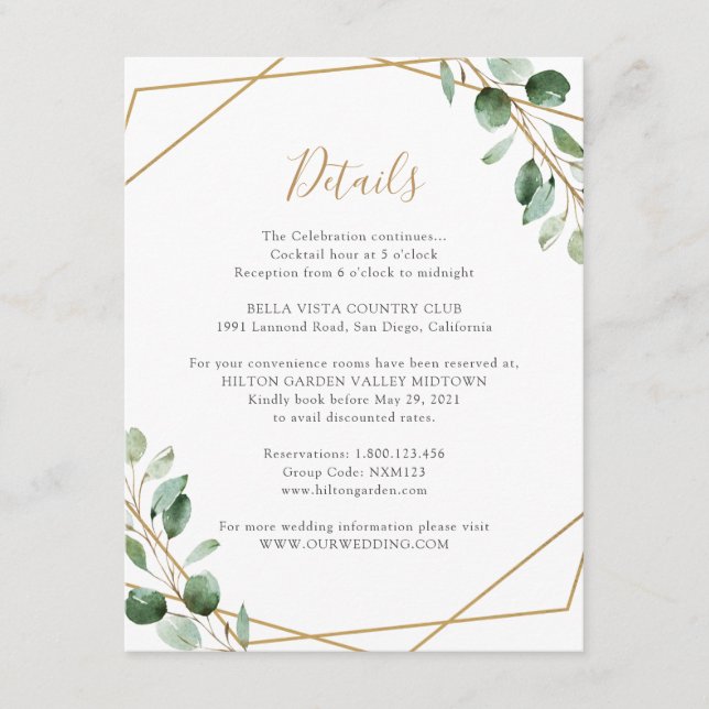Geometric Greenery Eucalyptus Elegant Info Details Enclosure Card (Front)