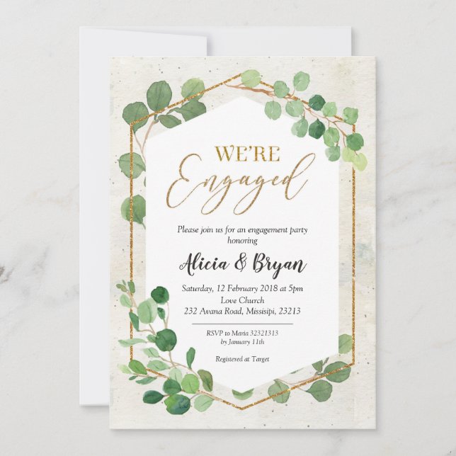 Geometric Greenery Eucalyptus Engagement Party Invitation (Front)