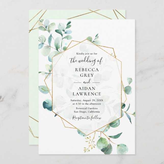Geometric Greenery Eucalyptus Leaves Wedding Invitation (Front/Back)