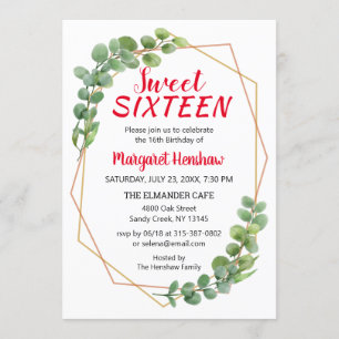 Geometric Greenery Eucalyptus Modern Sweet 16 Invitation