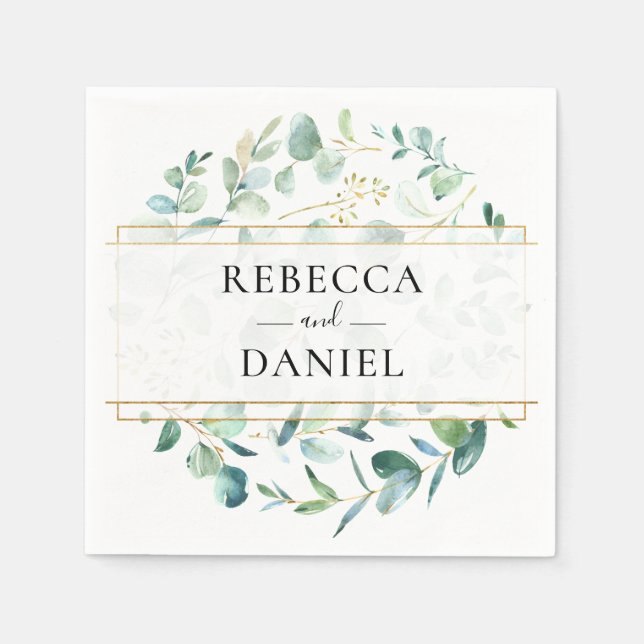 Geometric Greenery Eucalyptus Personalized Wedding Napkin (Front)
