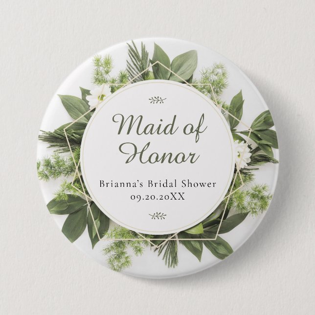 Geometric Greenery Foliage Frame Bridal Party Role 3 Inch Round Button (Front)
