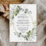 Geometric Greenery Modern Gold Succulent Wedding Invitation<br><div class="desc">Design features eucalyptus,  succulents and greenery elements in shades of dusty sage and blue/gray with a printed gold colored geometric terrarium border wreath frame.  The back features a dusty sage green natural matching watercolor background.</div>