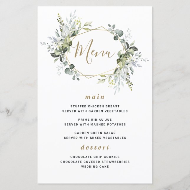 Geometric Greenery Modern Gold Wedding Menu Cards (Front)