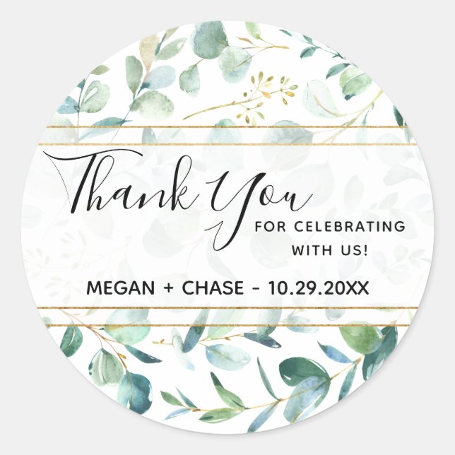 Geometric Greenery Personalized Thank You Wedding Classic Round Sticker (Front)
