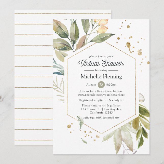 Geometric Greenery Virtual Baby or Bridal Shower Invitation (Front/Back)