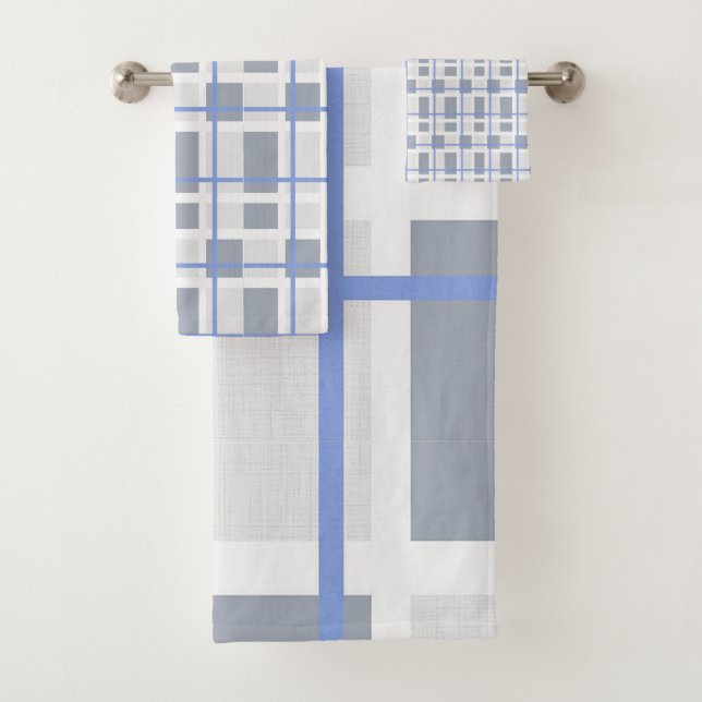 Geometric Grey and Blue Bathroom Towel Set (Insitu)
