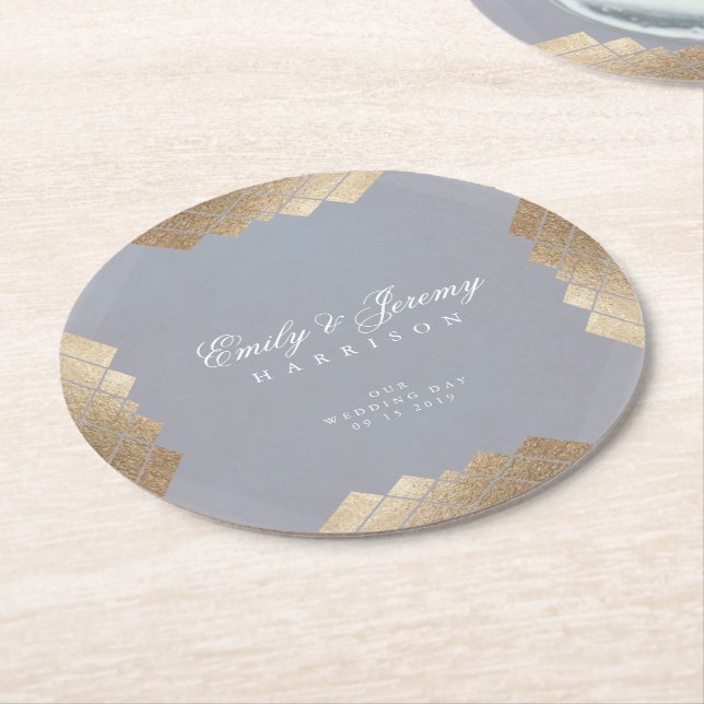 Geometric Grey Gold Gatsby Wedding Table Coaster (Angled)