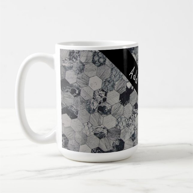 Geometric Grey, White and Black Hexagon Pattern Coffee Mug (Left)