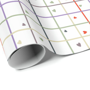 Geometric Grid Pattern with Scattered Hearts Wrapping Paper